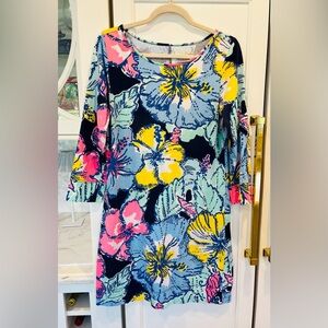 LILLY PULITZER MARLOWE DRESS-“NAVY BIG FLIRT HIBISCUS FLORAL” PRINT-Size M